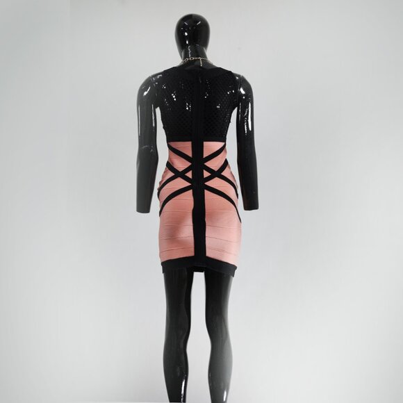 ๐ Trendsetter Alert: Misslook Peach & Black Crossover Bandage Dress - Picture 3 of 6